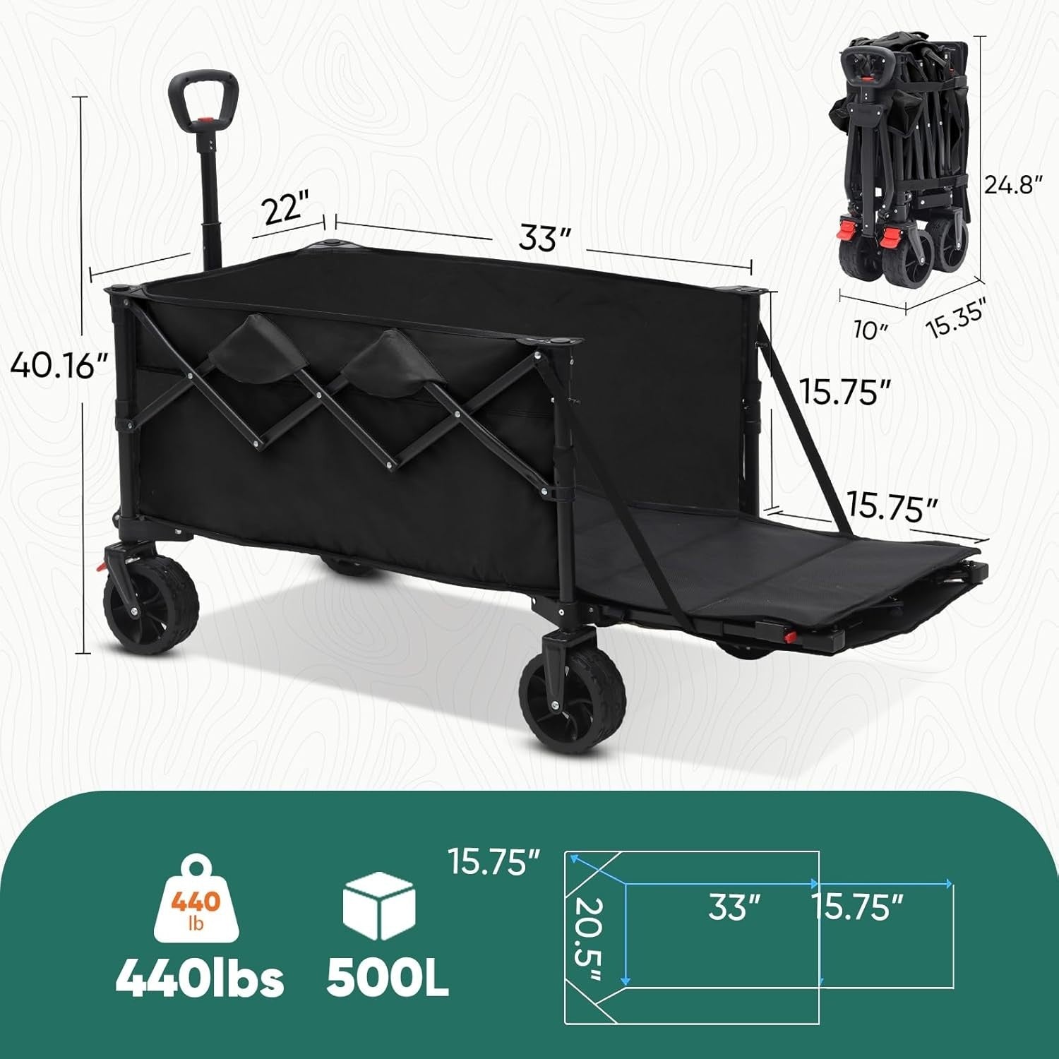Black 350–500L Folding Camping Wagon 440lb Heavy Duty All Terrain Festival Cart