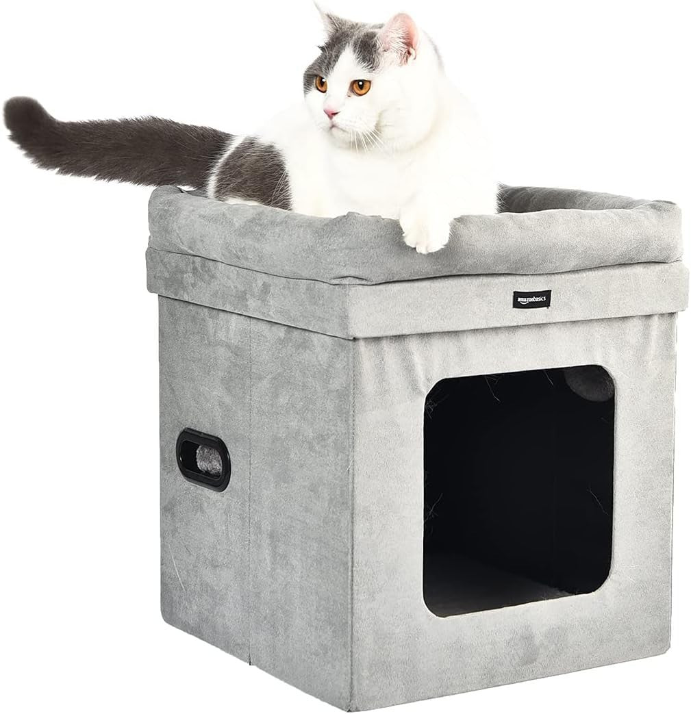 Collapsible Cat House Bed Indoor Cube Hideaway Soft Sherpa Pet Cave