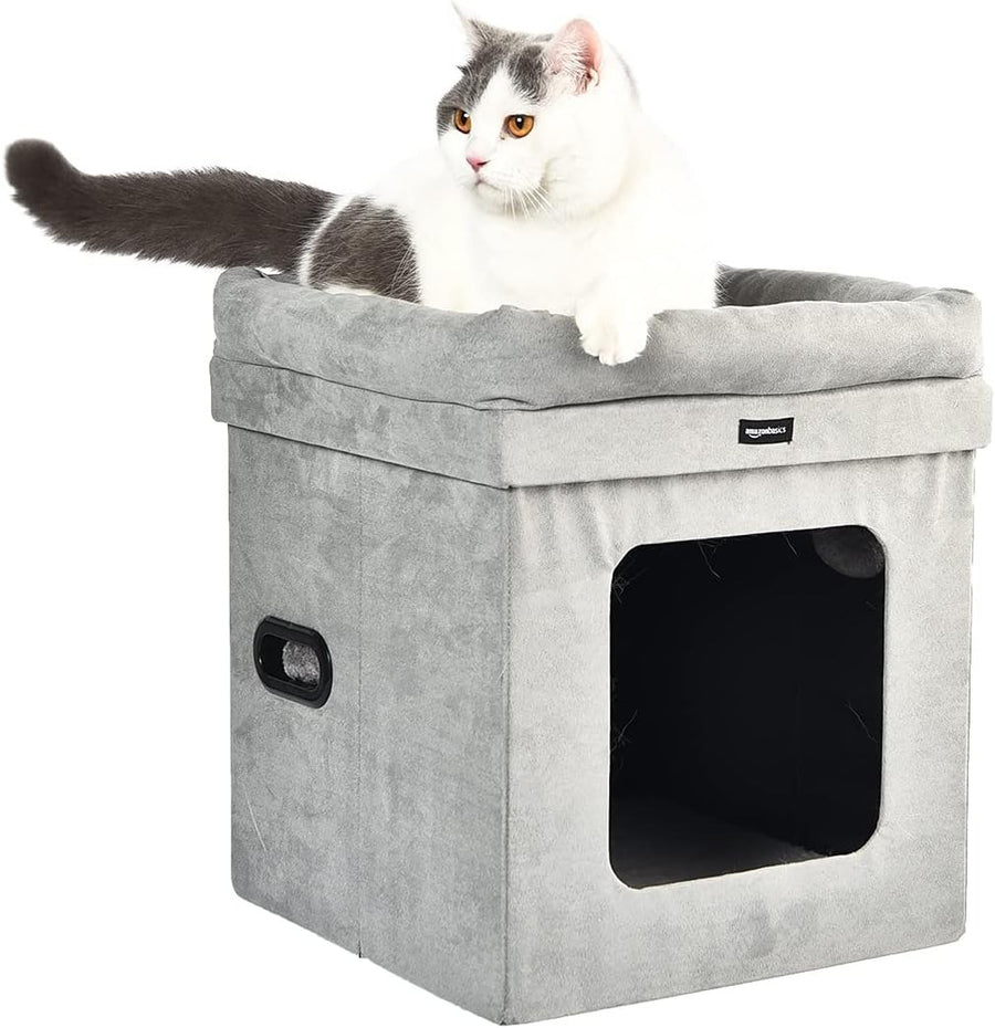 Collapsible Cat House Bed Indoor Cube Hideaway Soft Sherpa Pet Cave