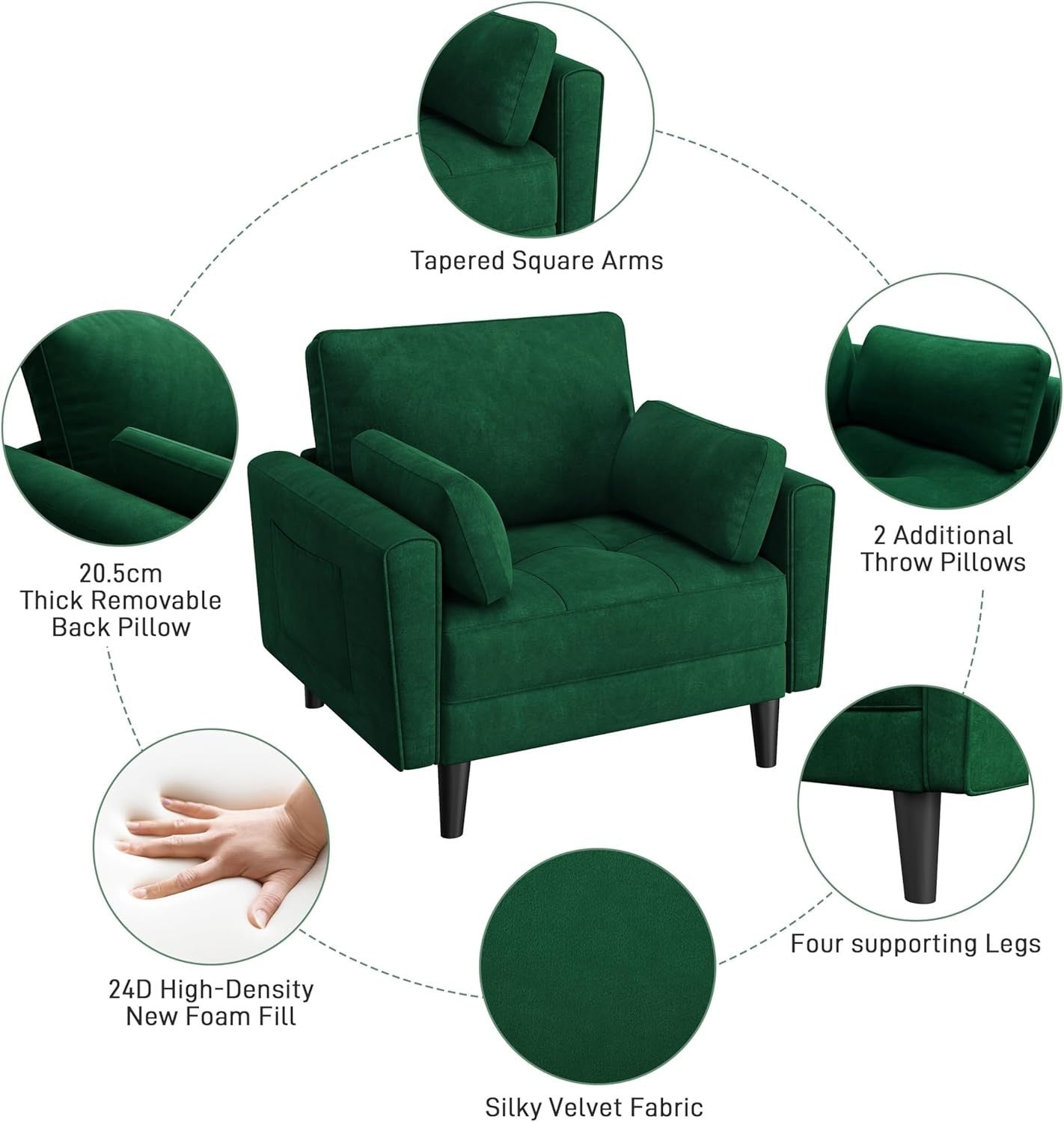 Green Velvet Tub Chair Oversized Accent Armchair with Pillows & Storage