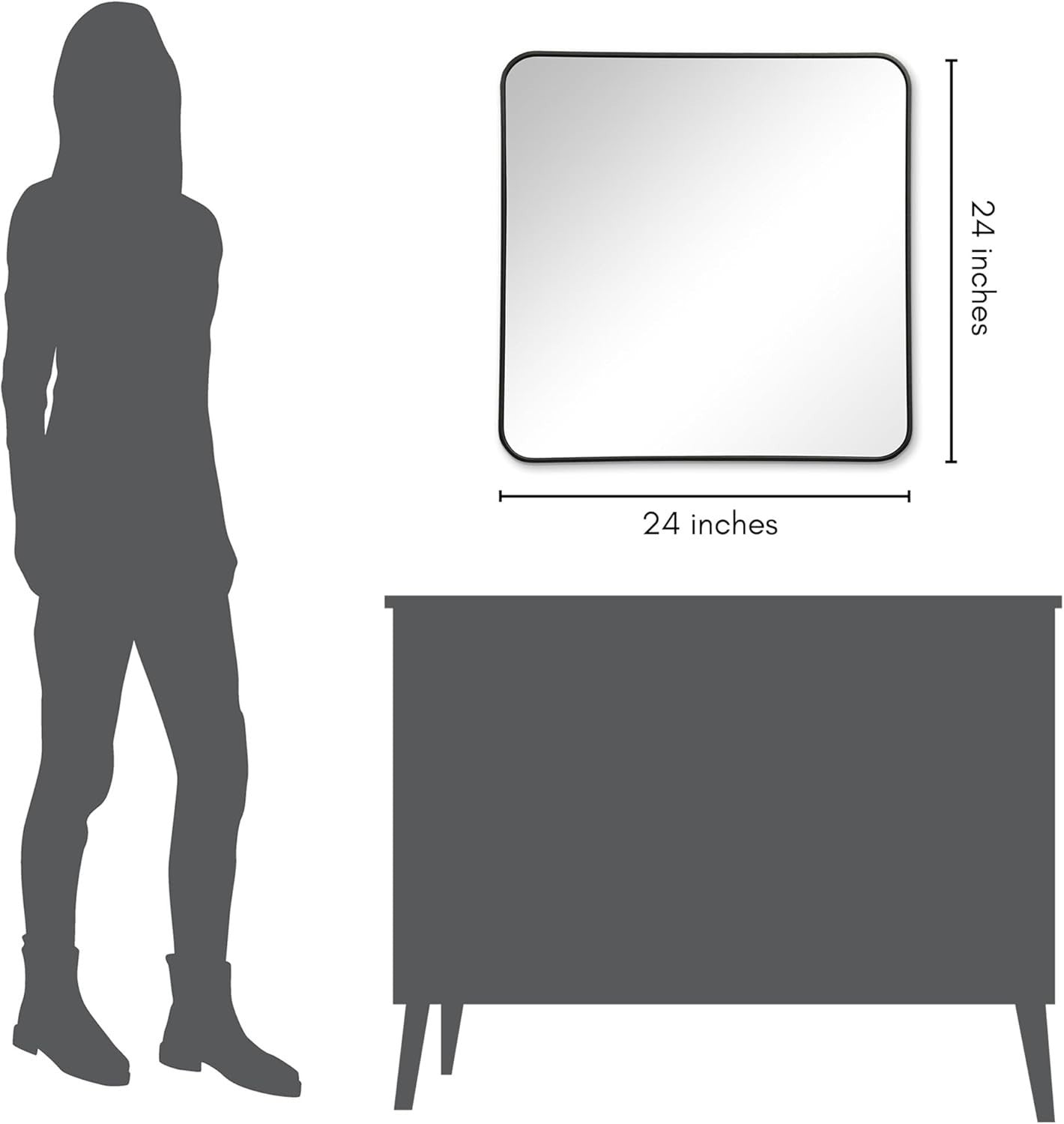 Large Square Wall Mirror 60x60cm Black Frame, Rounded Corners, Modern