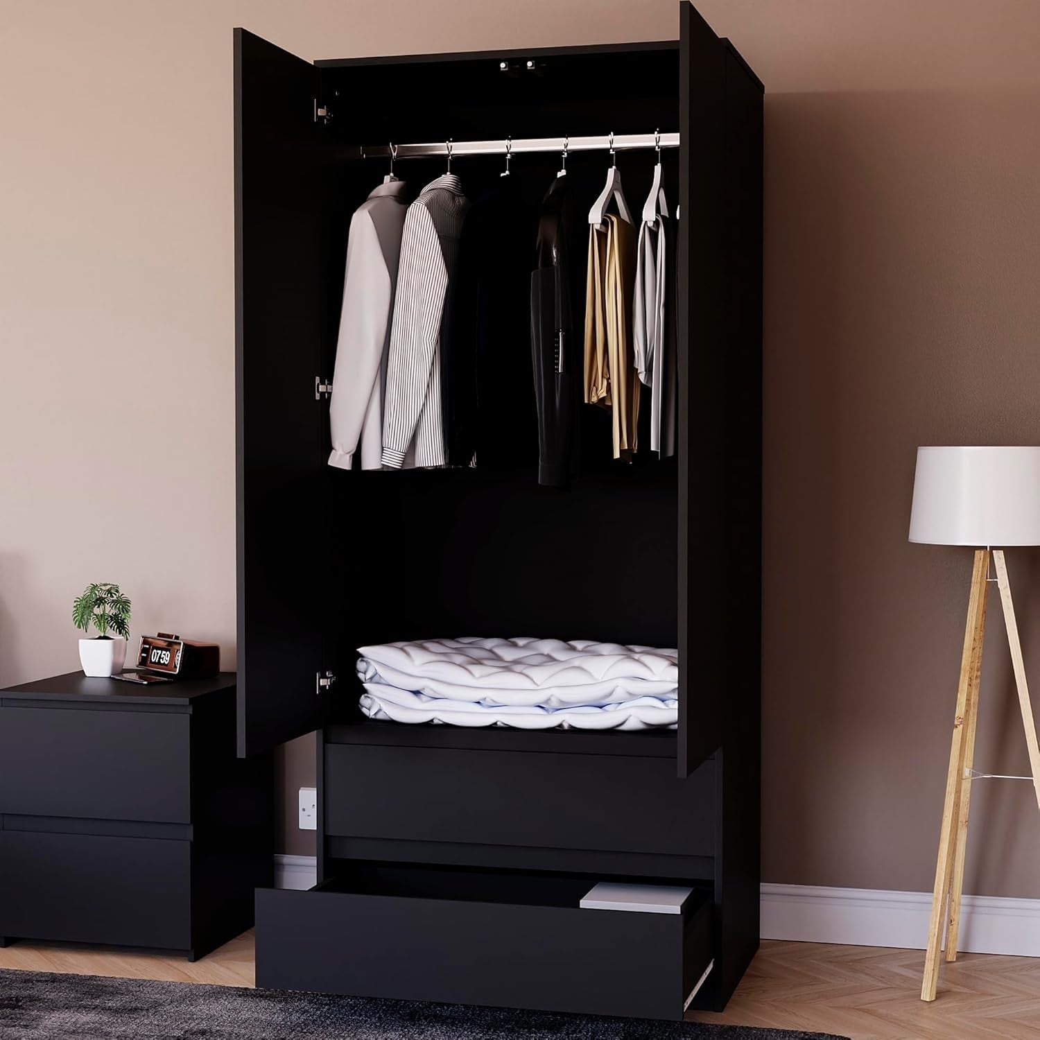 Modern 2 Door Black Wardrobe with 2 Drawers & Versatile Hanging Rail