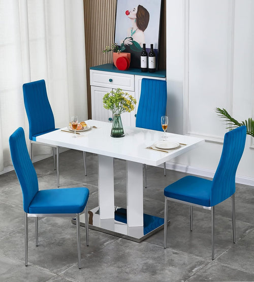 White Gloss Dining Table & 4 Blue Velvet Chairs Set Modern 4 Seater