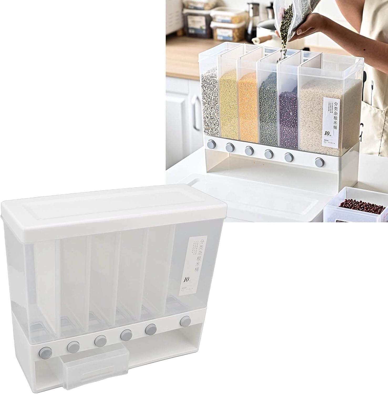 10L Wall Mounted Rice Dispenser 6 Grid Airtight Grain Storage Bin