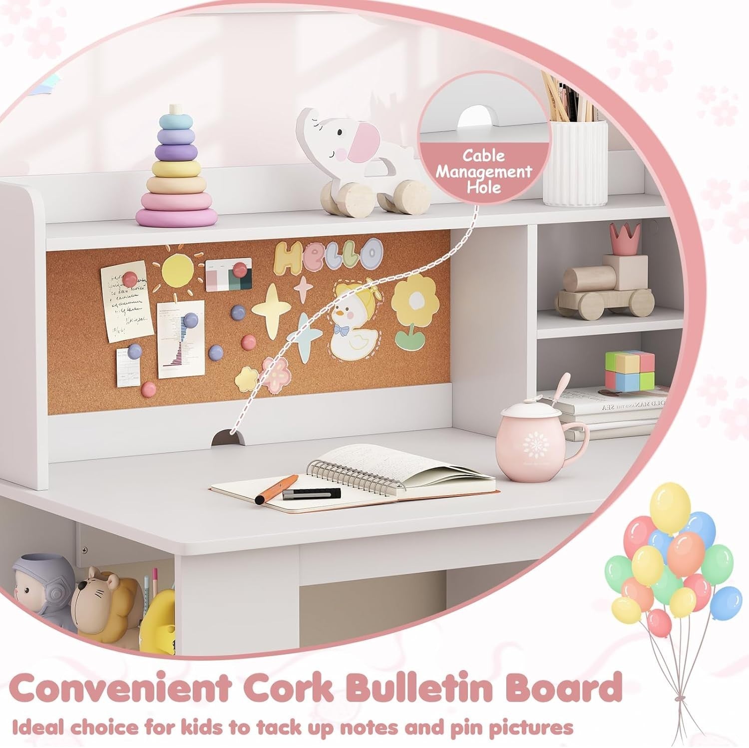 Kids Study Desk and Chair Set Wooden Writing Table Storage Shelves Drawer White