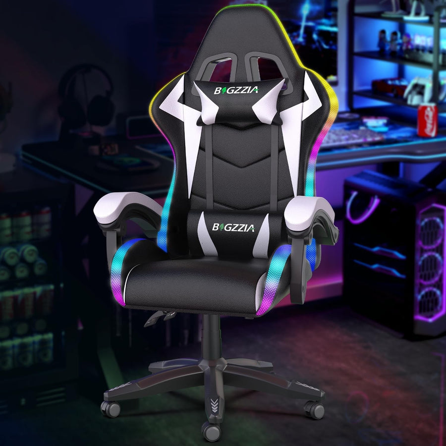 Ergonomic Gaming Chair with LED Lights & Lumbar Support – White