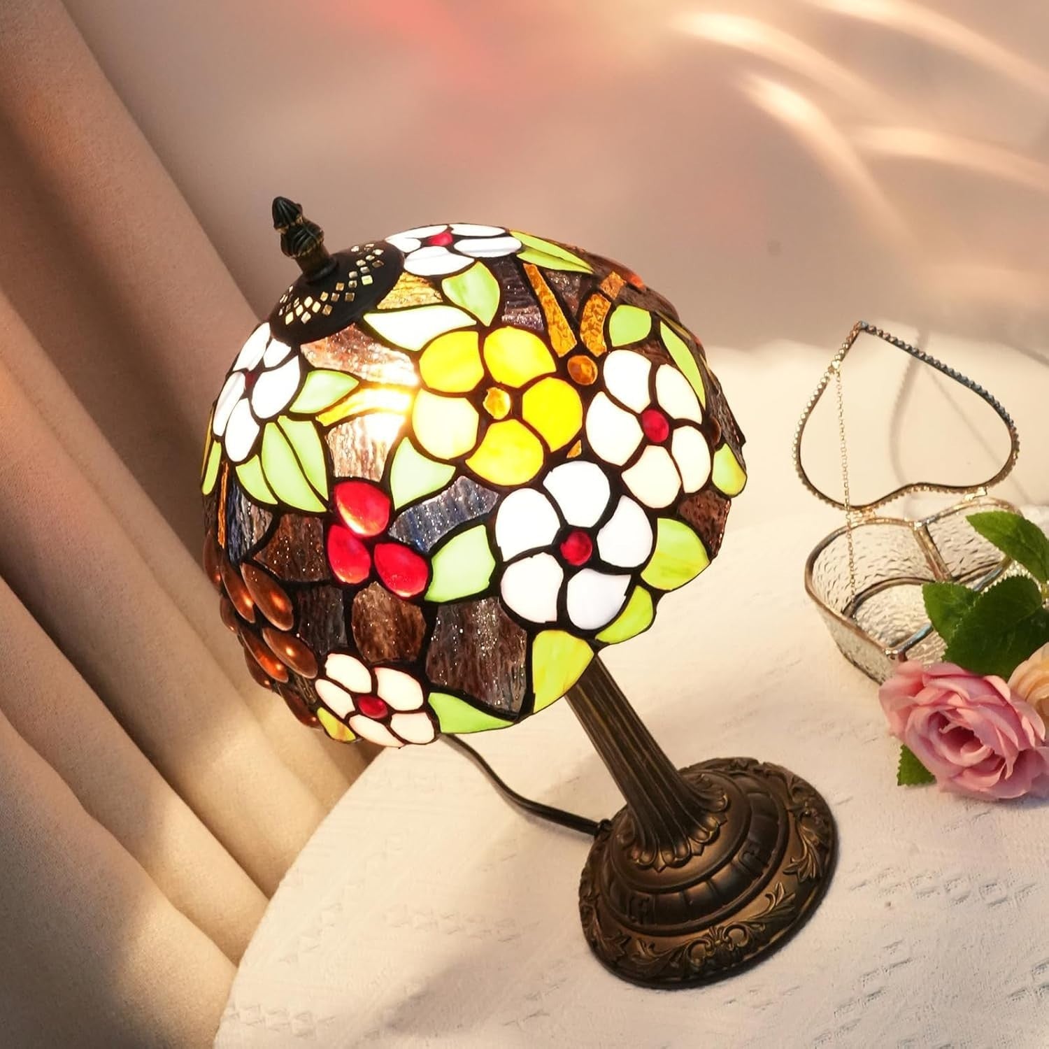Stained Glass Table Lamp Grape Flower 8x14 Inch Bedside Light