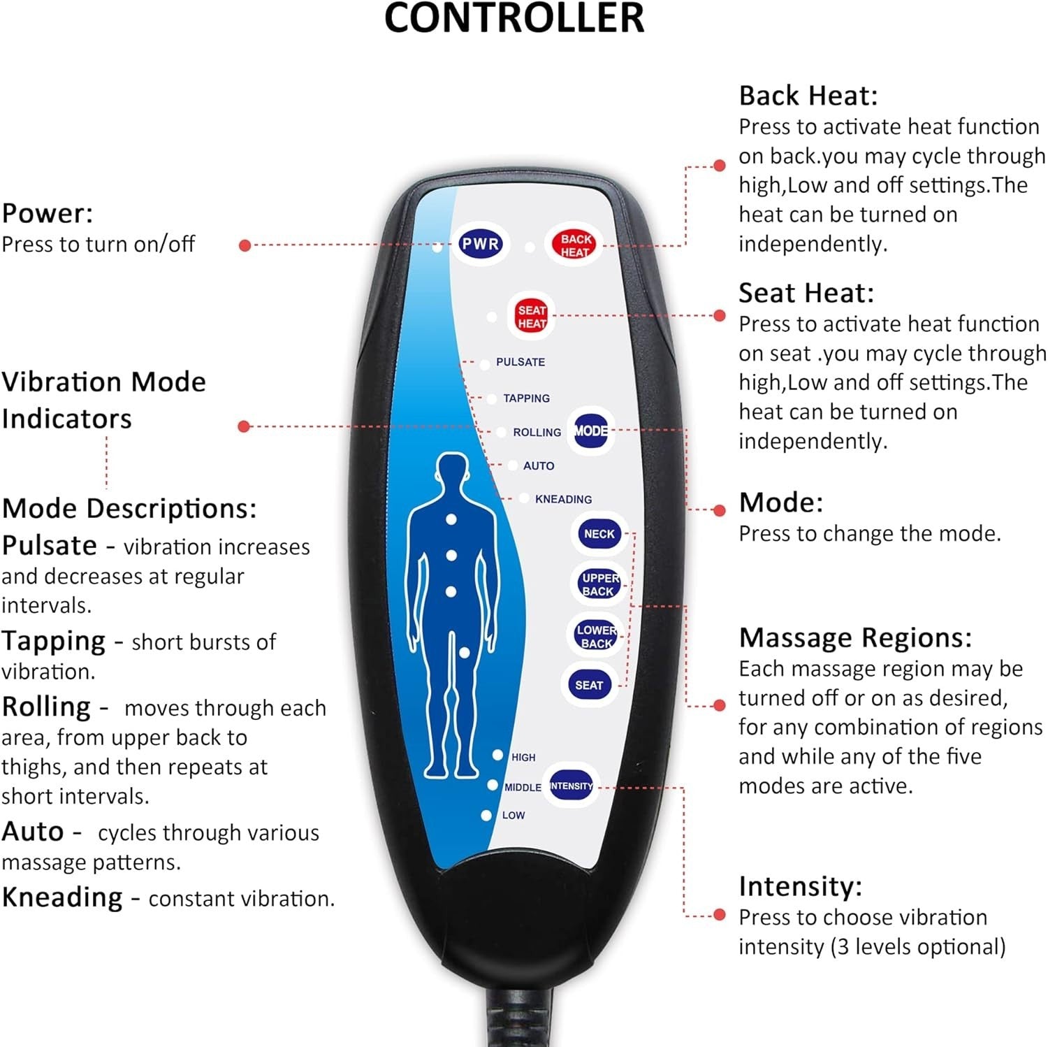 Vibration Back Massager Seat Pad Heat 10-Motor Chair Cushion for Back Pain