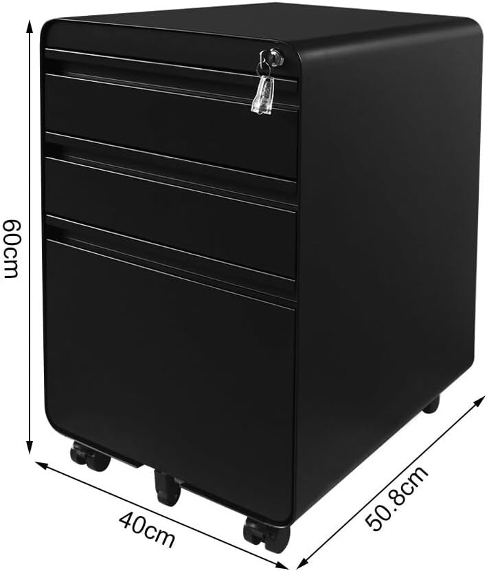 Black Mobile Metal Filing Cabinet 3 Drawer Printer Stand