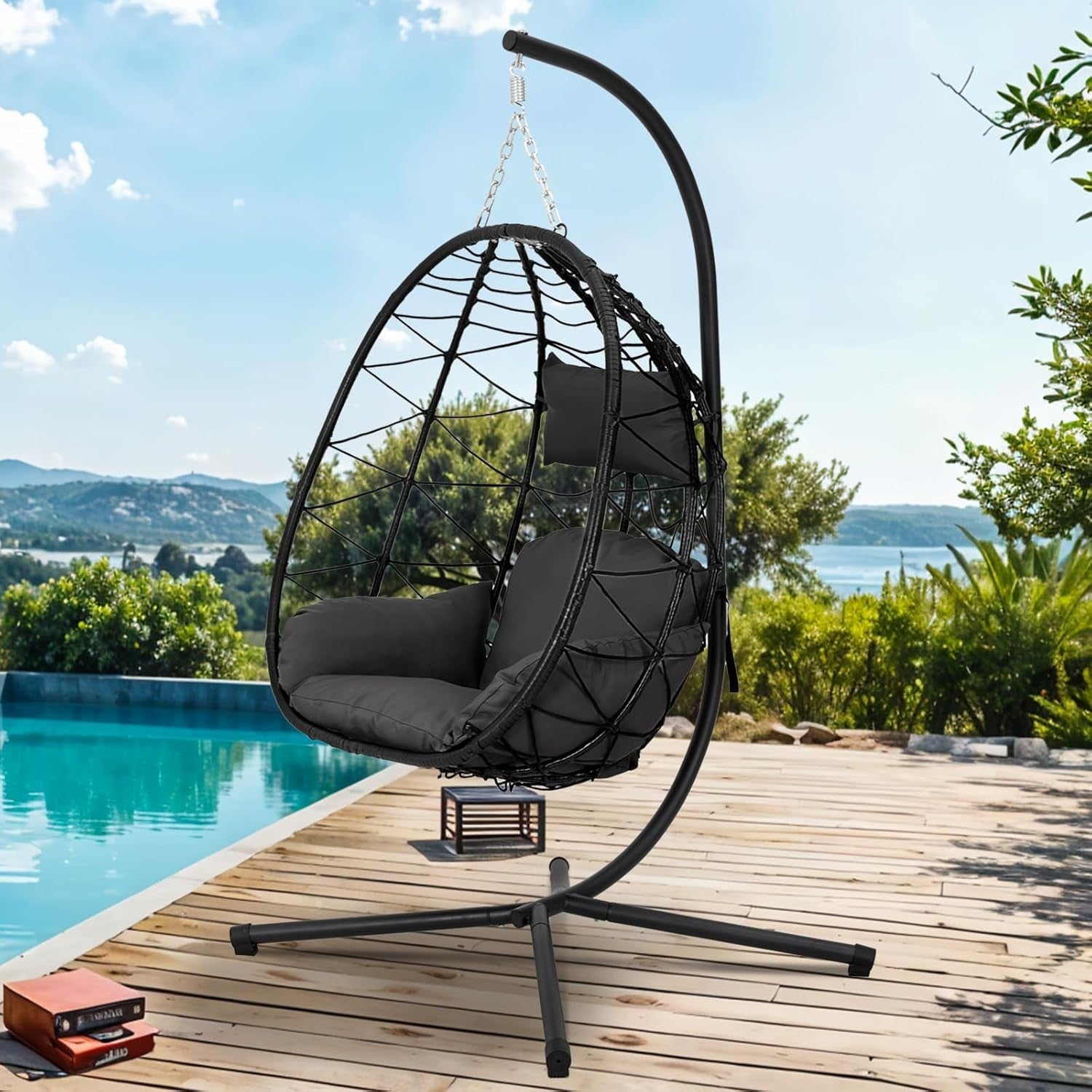 Hanging Egg Chair with Stand Cushioned Rattan Swing Seat Indoor Outdoor