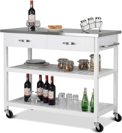 Kitchen Island Trolley with Stainless Steel Top, 2 Drawers & Lockable Wheels
