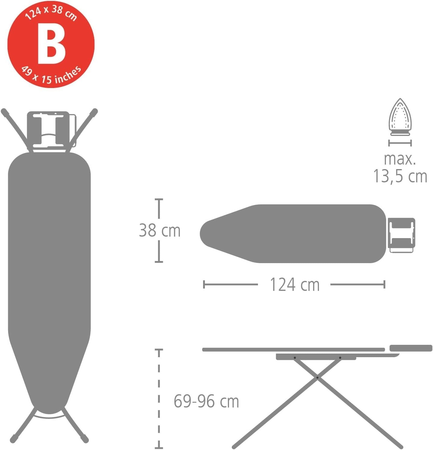 Medium Ironing Board 124x38cm Adjustable Height Steam Iron Rest Foldable