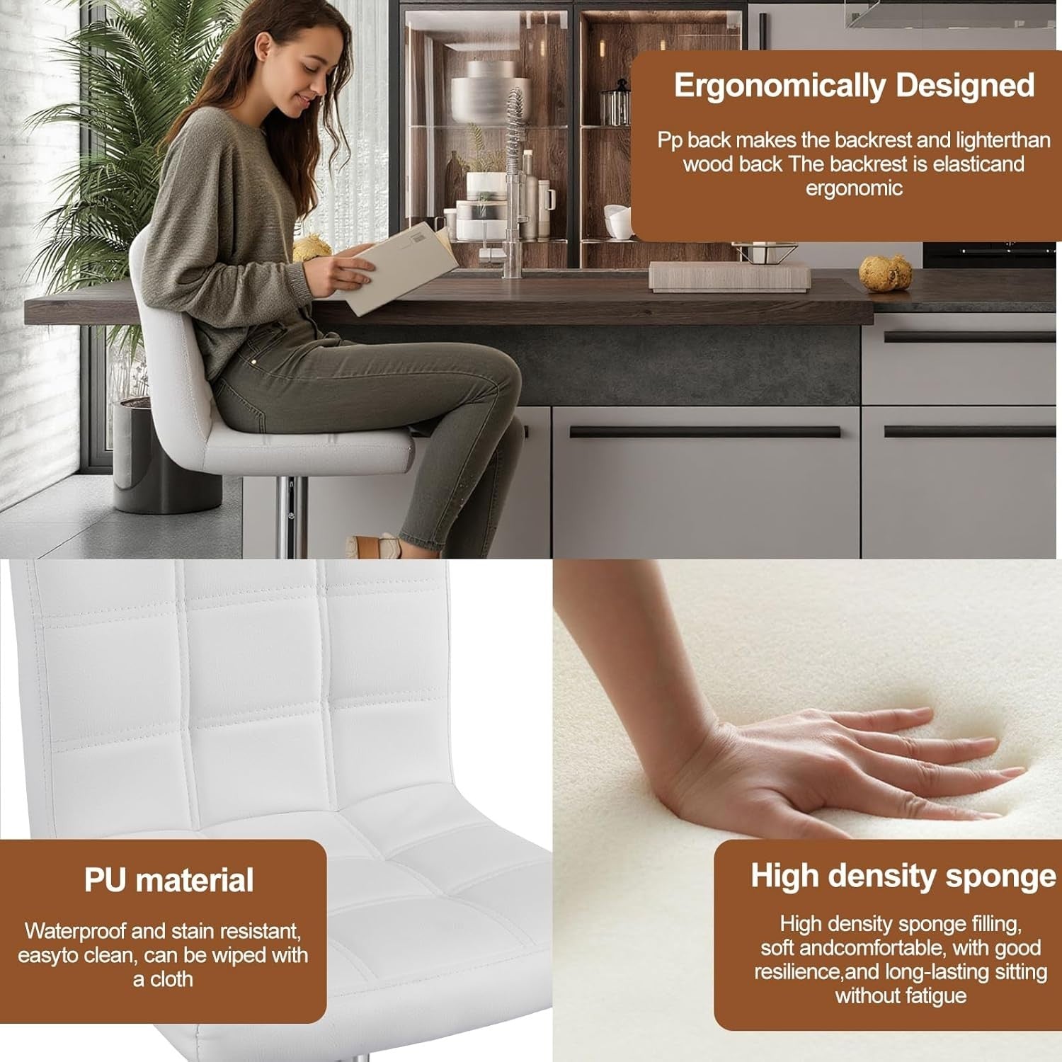 2PC White PU Leather Bar Stools – Adjustable 360° Swivel foot rest for Kitchen C