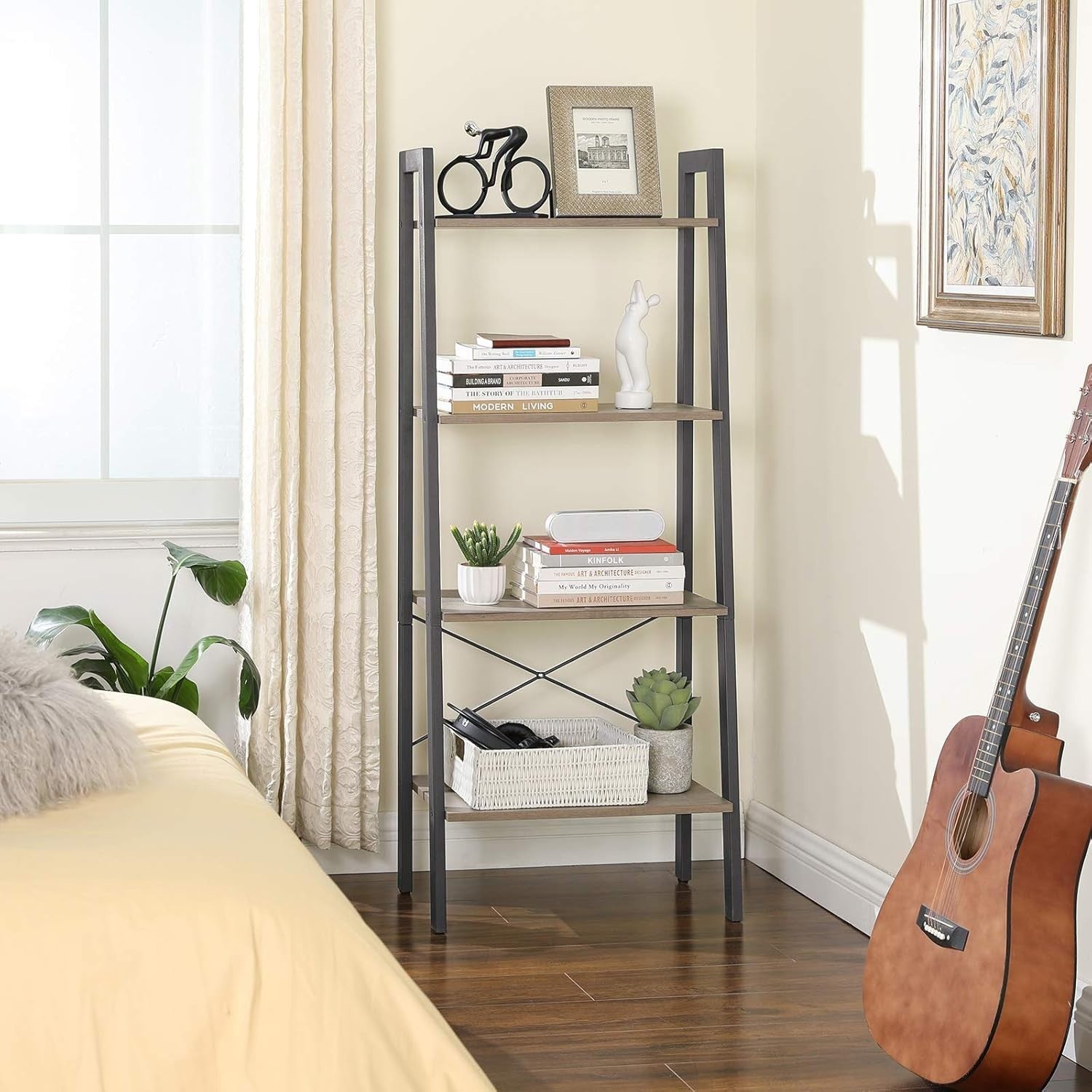 4-Tier Industrial Ladder Shelf Freestanding Storage Unit Greige Grey Metal