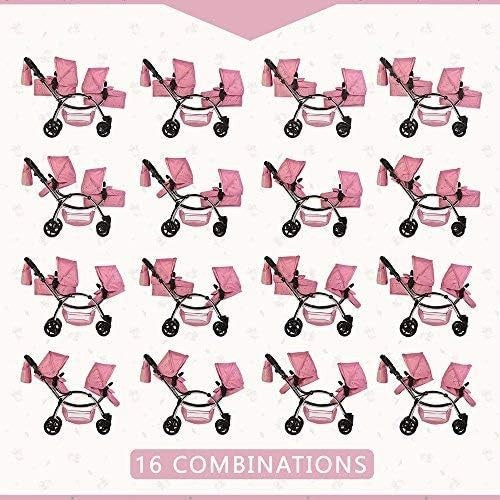 Twin Dolls Pram Pink Adjustable Handle Lightweight Double Buggy for Kids