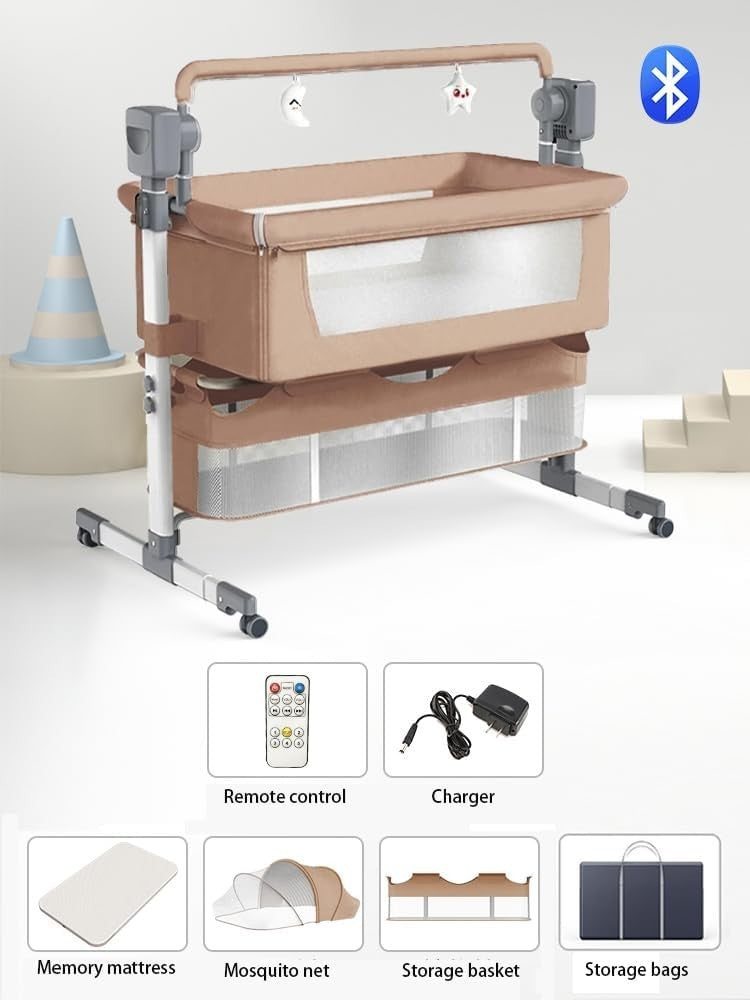 Smart Baby Bedside Crib with Music, Remote, Adjustable Height & Swing Brown