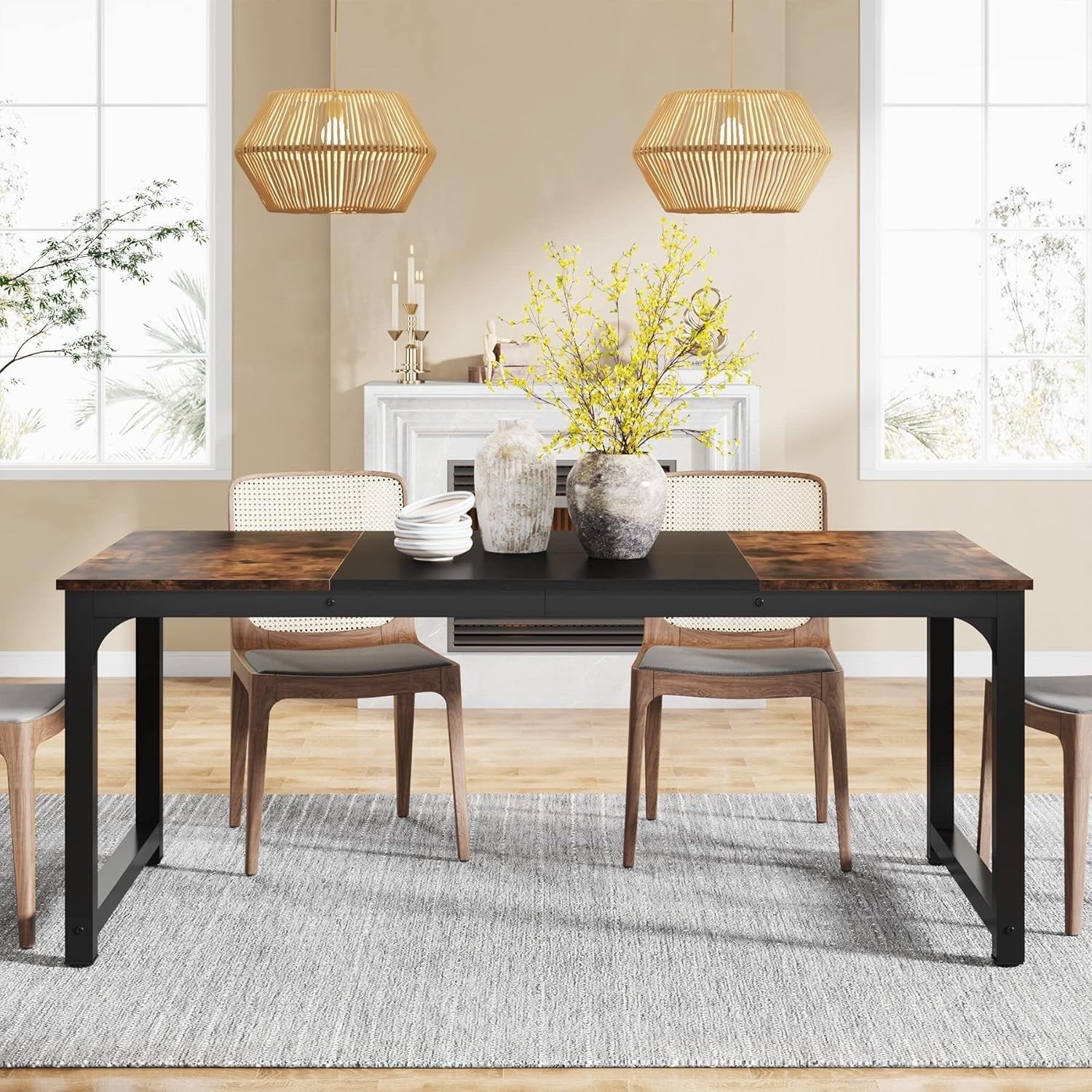 Industrial Dining Table for 6-8 – Metal Frame, Rustic Wood, 180cm