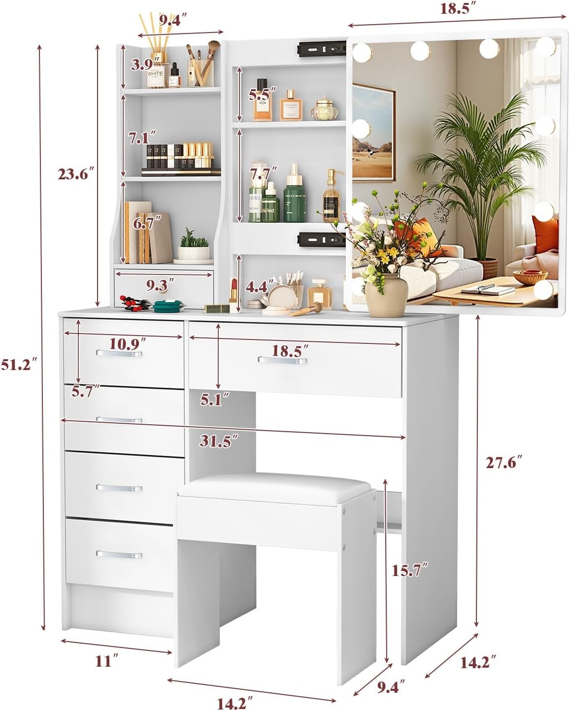 Vanity Makeup Dressing Table with 3-Color LED Mirror, 6 Drawers & Stool White