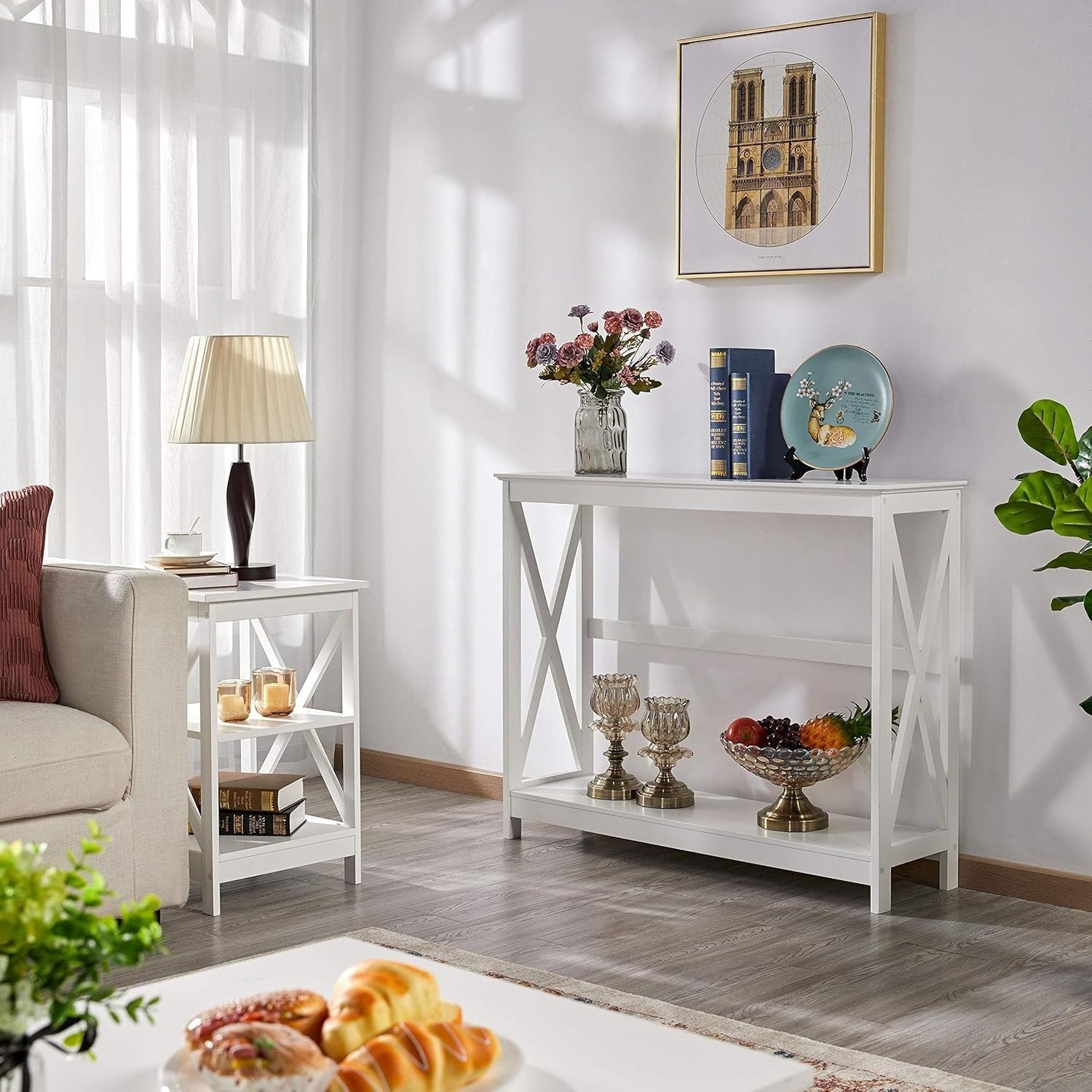 White 2-Tier Console Table with X-Design, Storage Shelf for Hallway & Living Roo