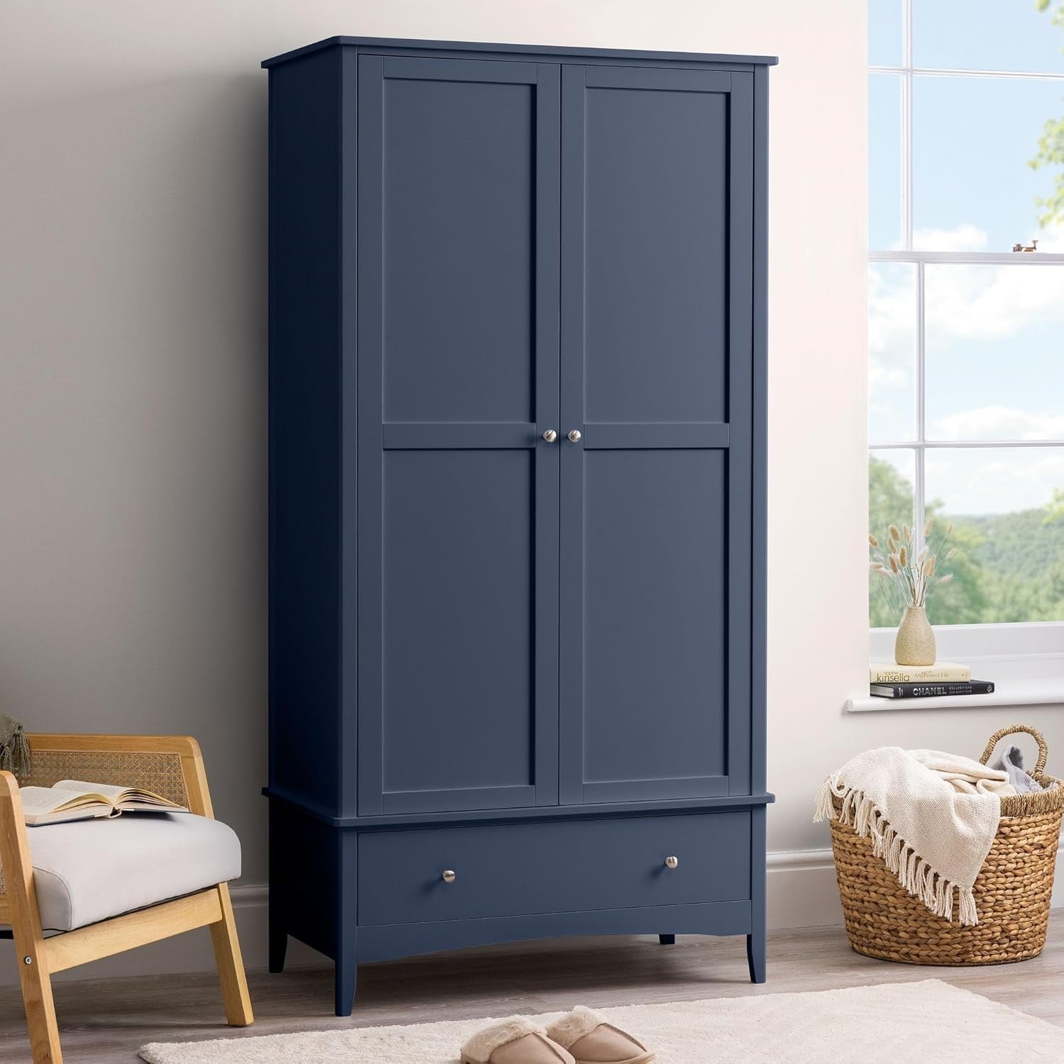 Navy Blue Double Wardrobe with Drawer | Soft Close Doors | Clothes Rail