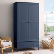 Navy Blue Double Wardrobe with Drawer | Soft Close Doors | Clothes Rail