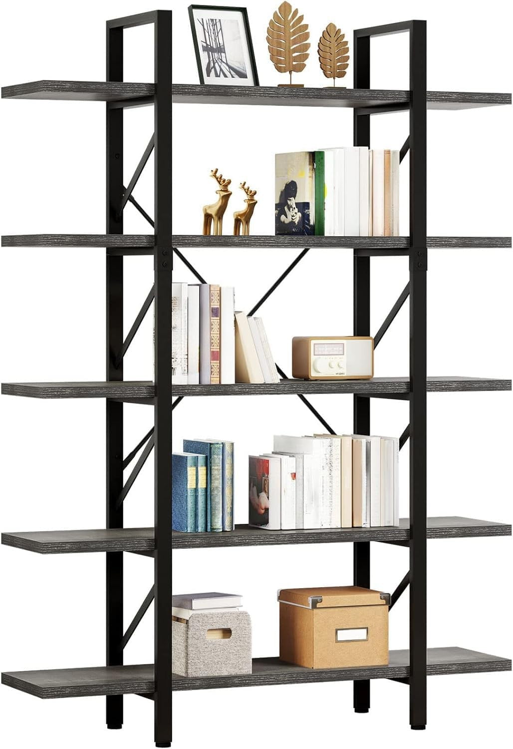 5-Tier Industrial Bookcase | Charcoal Grey & Black Wide Storage Shelf Unit