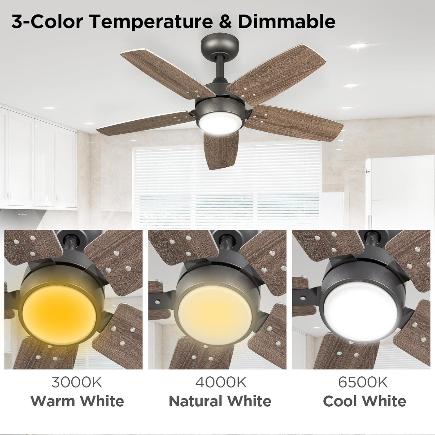 36" Ceiling Fan Light, 6 Speeds, Reversible, Dimmable, Remote, Quiet