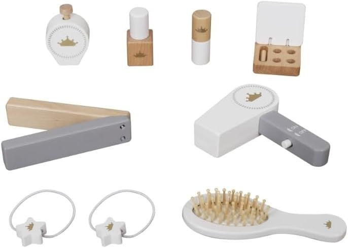 Kids Wooden Dressing Table & Stool Set 8pc Pretend Play Vanity Mirror Oak