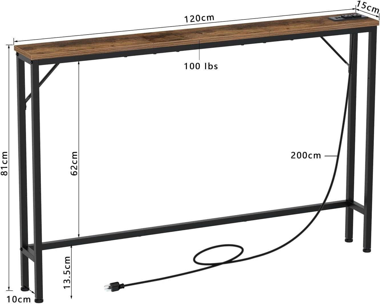 Slim Console Table with Charging Station, USB Ports & Power Outlets, Space-Saver