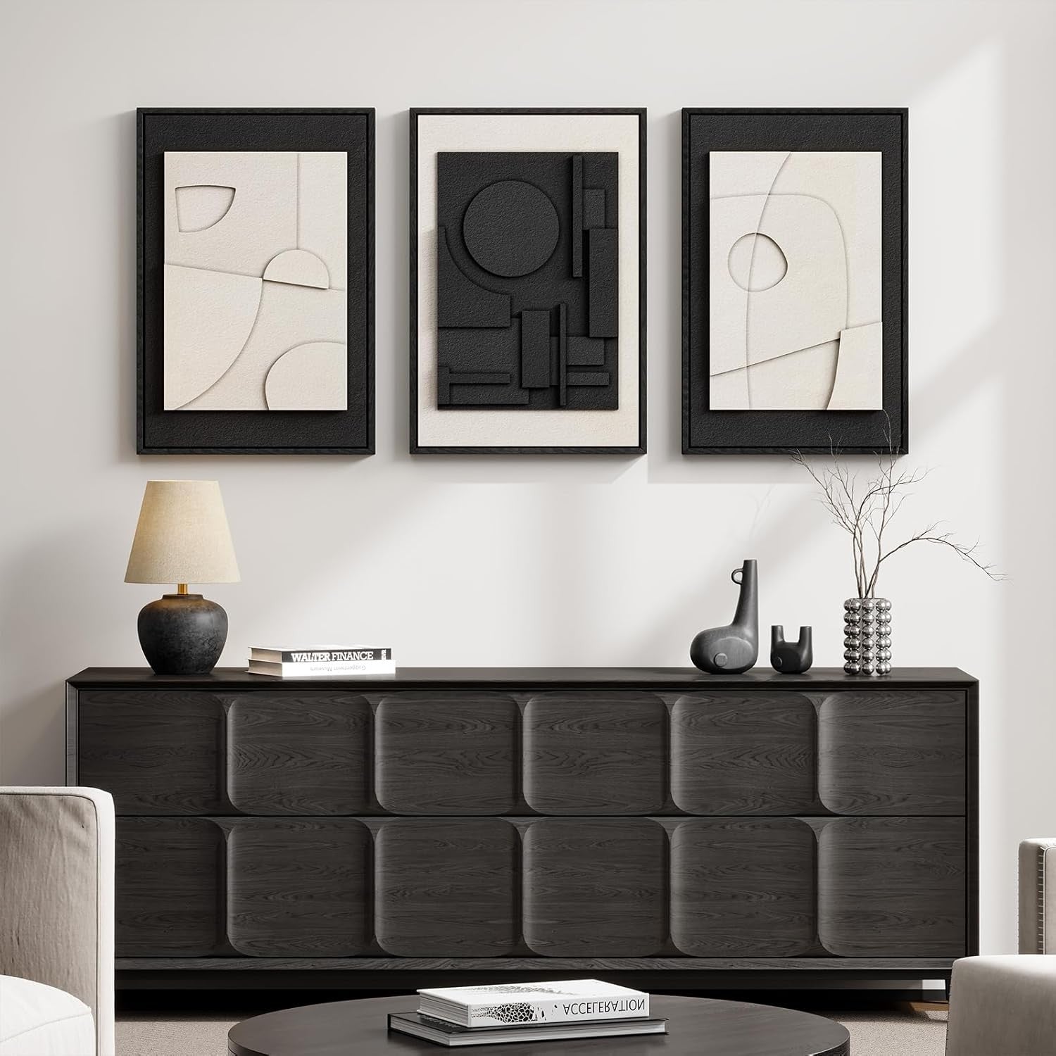 3D Textured Black White Abstract Wall Art Set 3 Framed 16x24