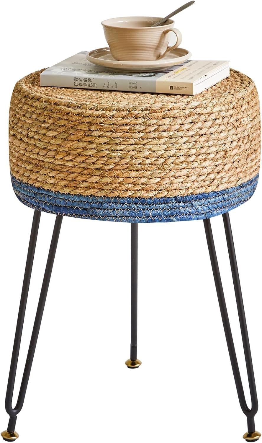 Natural & Blue Seagrass Footstool Round Pastoral Woven Stool 32×32×45cm