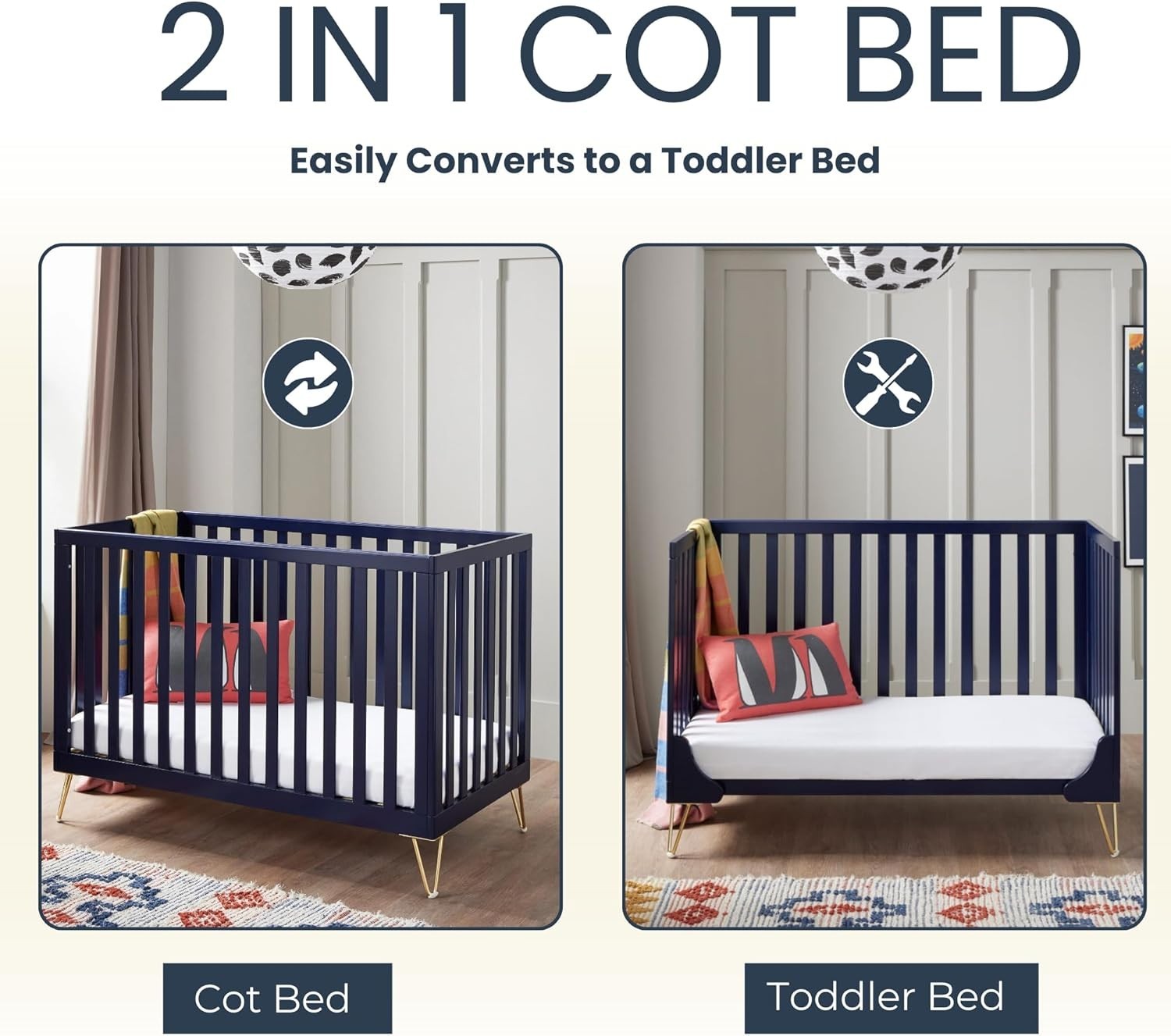 Baby Cot Bed Convertible Toddler Bed Adjustable Height Modern Design Midnight