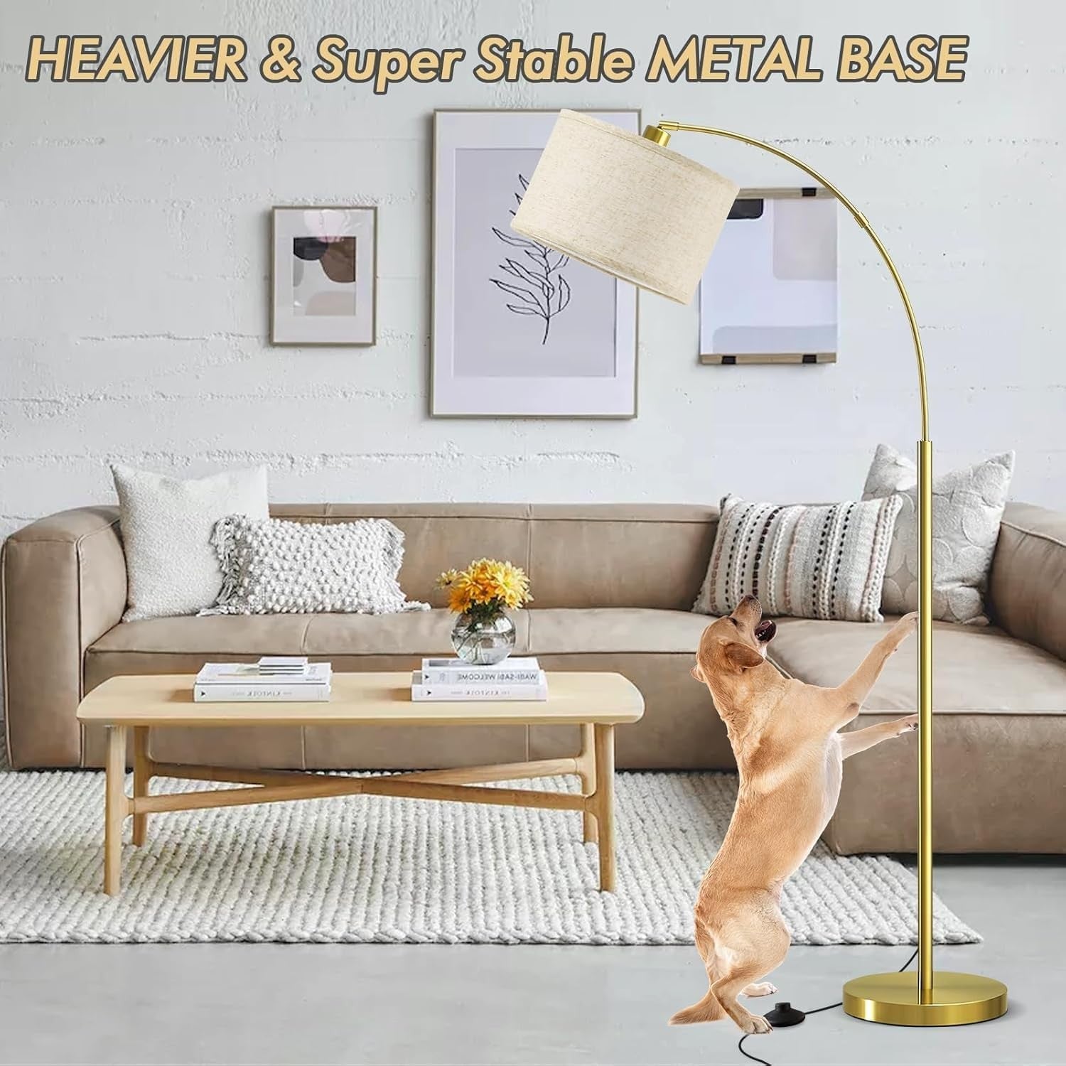 Gold Arc Floor Lamp Adjustable Head Tall Standing Light with Fabric Shade