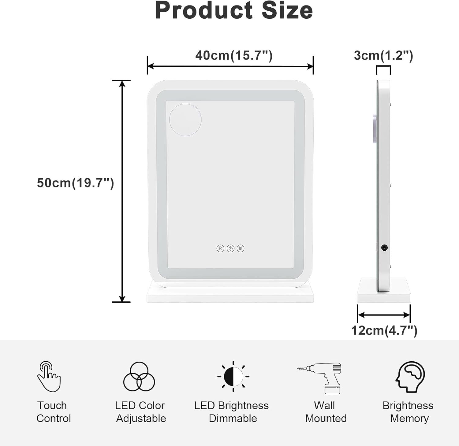 LED Vanity Mirror 50x40cm Wall/Tabletop Light Dimmable Touch 5X Magnifier