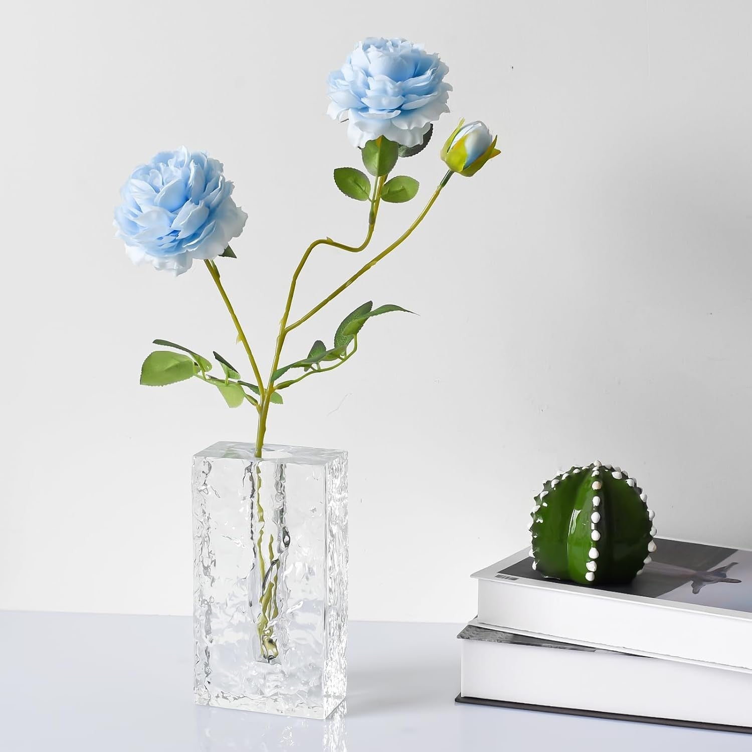 Tall Crystal Glass Vase Ice Texture Modern Rectangular Tabletop Home Decor