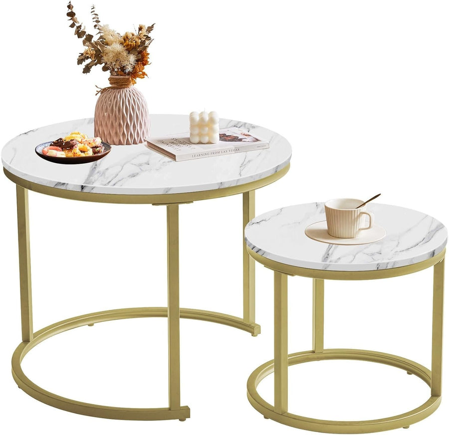 2pc Round Nesting Coffee Table Set Marble Look Gold Metal Legs Space Saving