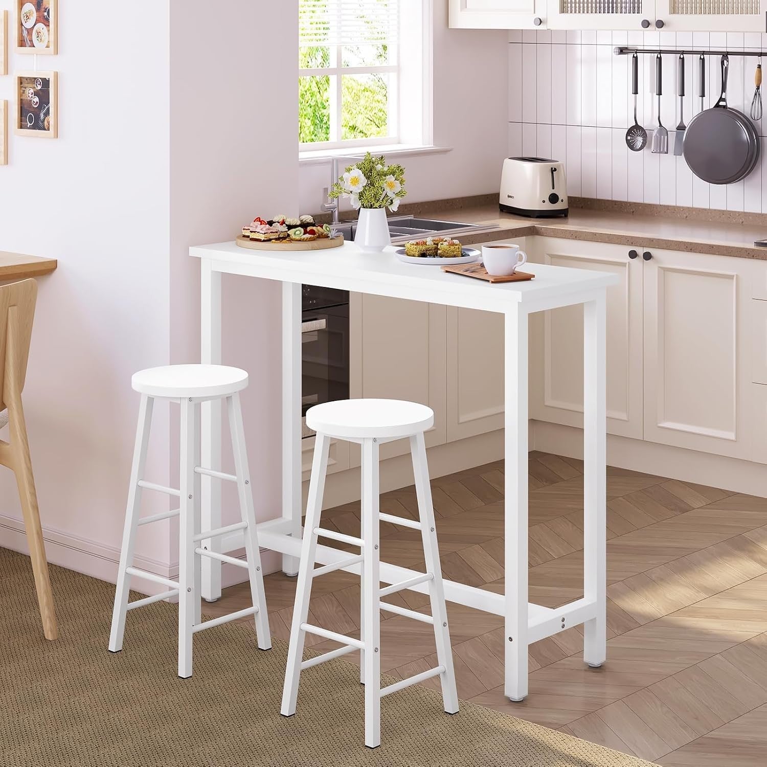 White Breakfast Bar Table Set w/ 2 Stools Space Saving Dining Table Metal Frame