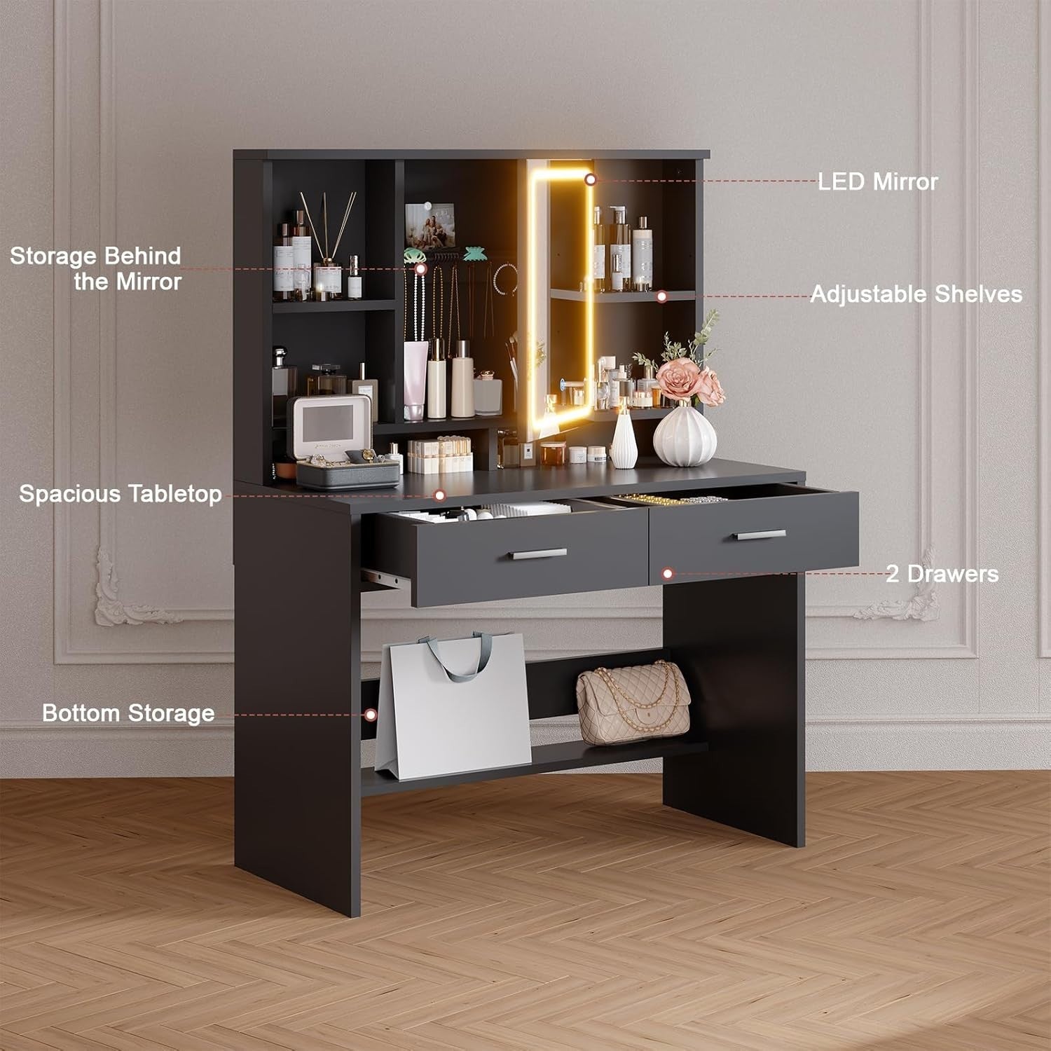 LED Dressing Table Black Vanity Desk 3-Colour Mirror Storage 2 Drawers Modern
