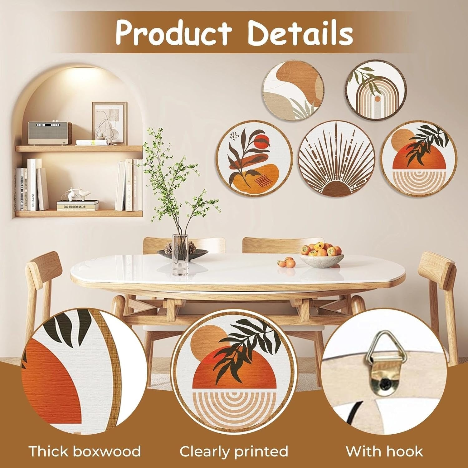 5-Piece Boho Wooden Wall Art Round Panels Living Room Decor