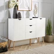 White Scandi Sideboard Cabinet 3 Drawers 2 Doors Solid Wood Legs Storage