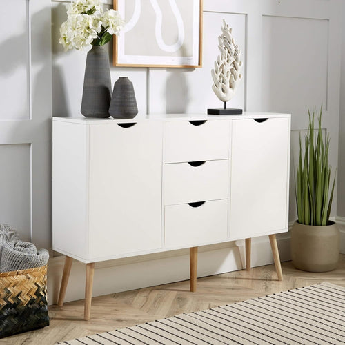 White Scandi Sideboard Cabinet 3 Drawers 2 Doors Solid Wood Legs Storage