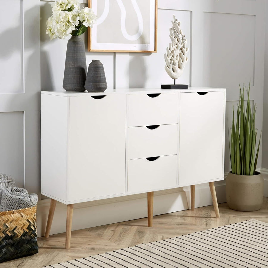 White Scandi Sideboard Cabinet 3 Drawers 2 Doors Solid Wood Legs Storage