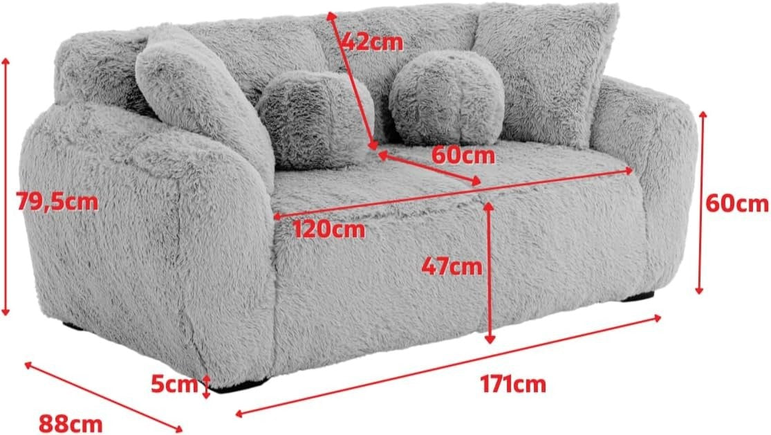 Grey Teddy 2 Seater Sofa Deep Seat Fluffy Faux Fur Comfy Lounge Couch