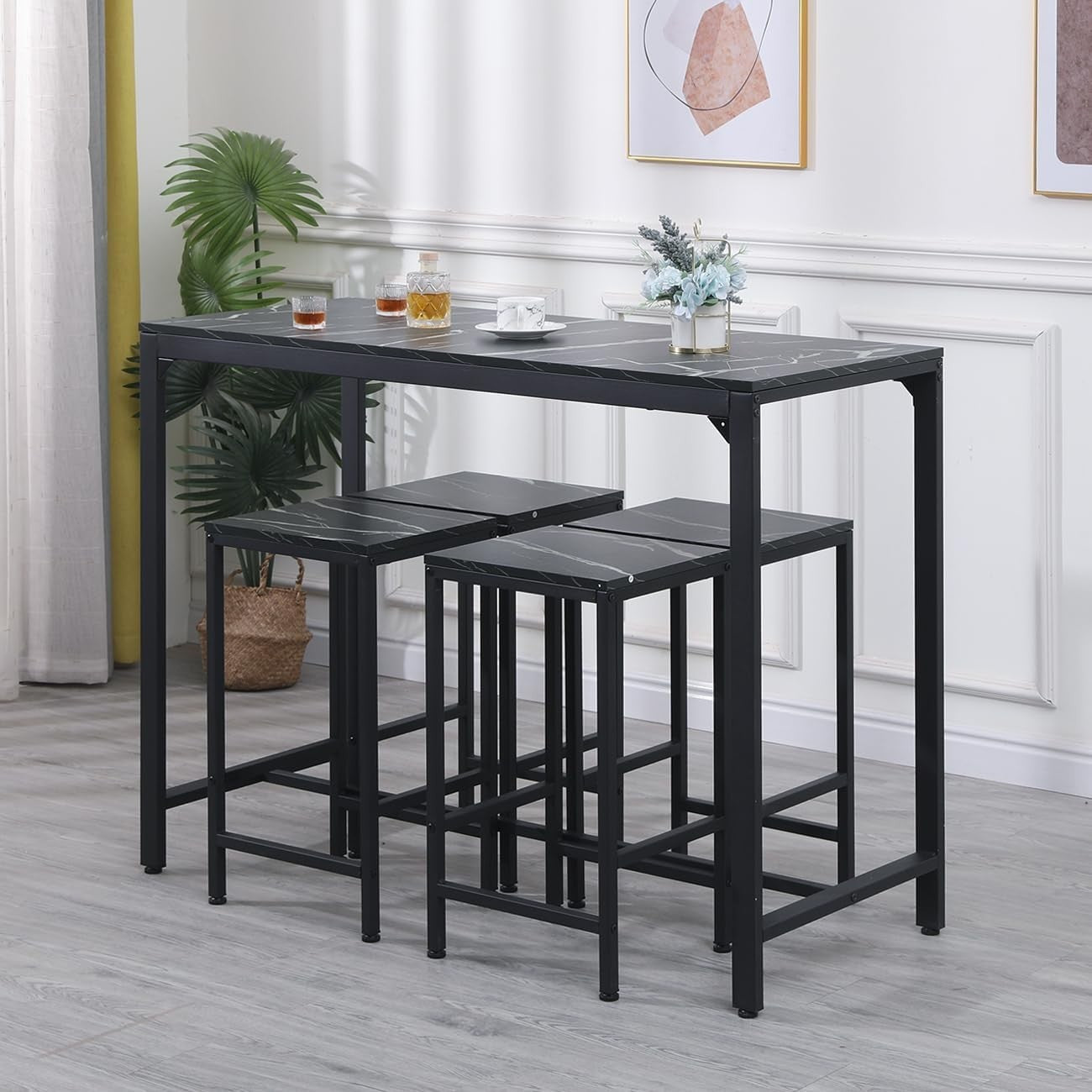 5Pcs Bar Table Set with 4 Stools Black Marble Top Dining Kitchen Unit Furniture