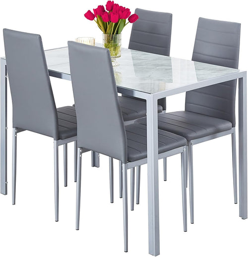Modern 5-Piece Marble Glass Dining Table Set for 4 – Space-Saving & Durable