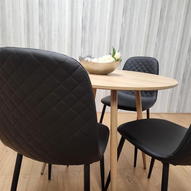 Round Oak Dining Table Set with 4 Quilted Chairs Kitchen Room Modern