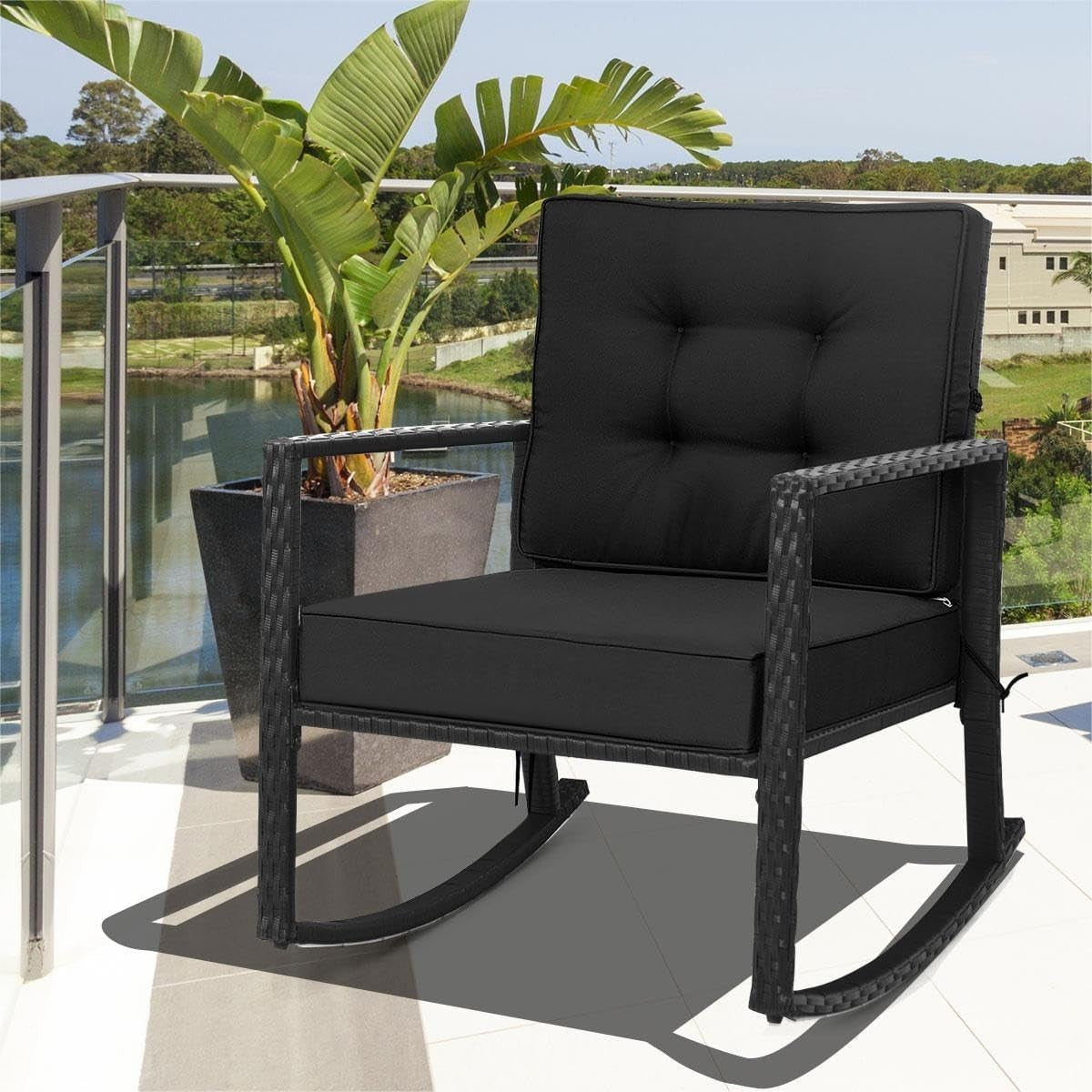 Outdoor Rattan Rocking Chair Cushioned Patio Garden Porch Relaxer Seat