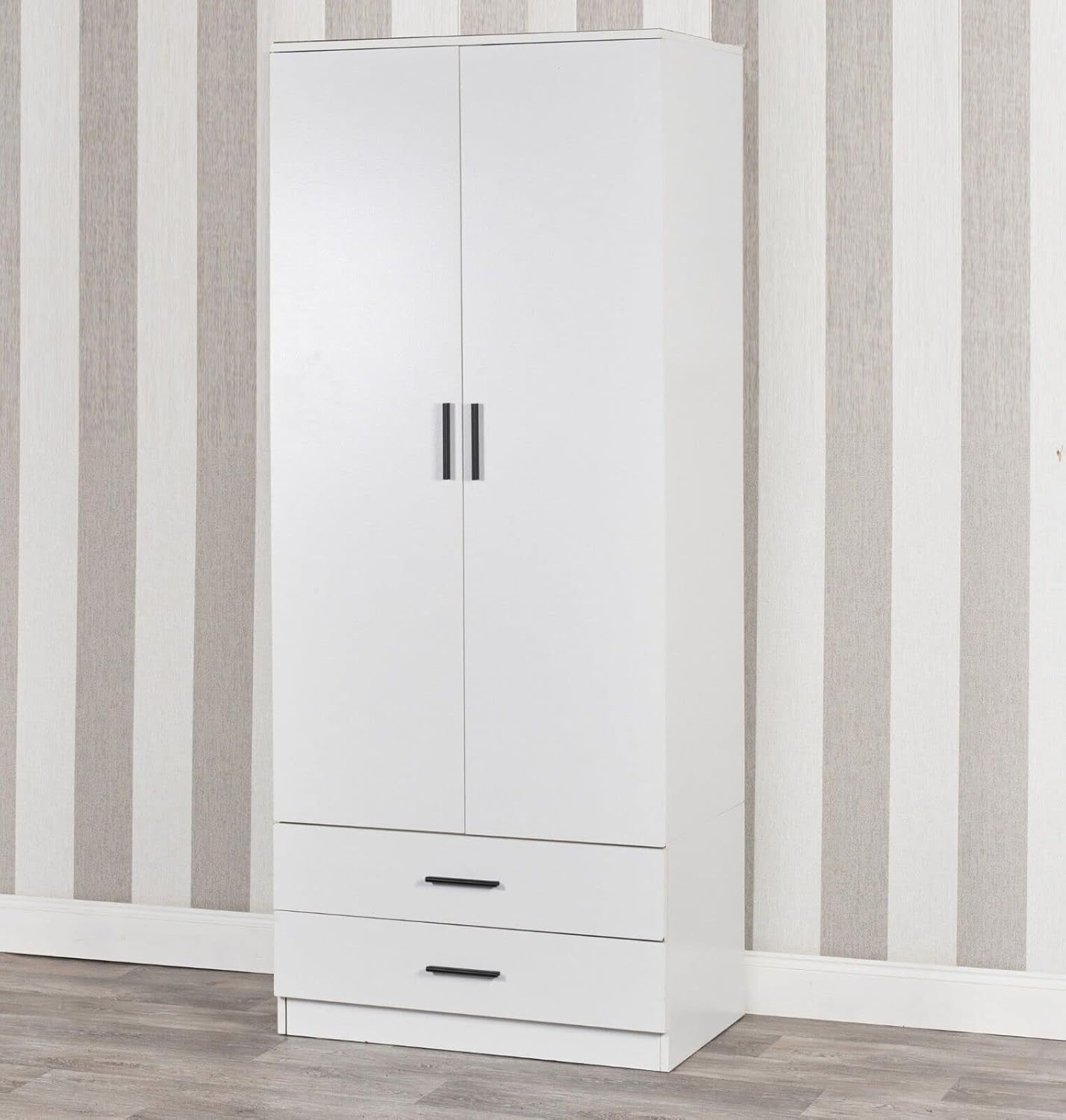 White 2 Door Wardrobe with Drawers Modern Bedroom Storage Cabinet