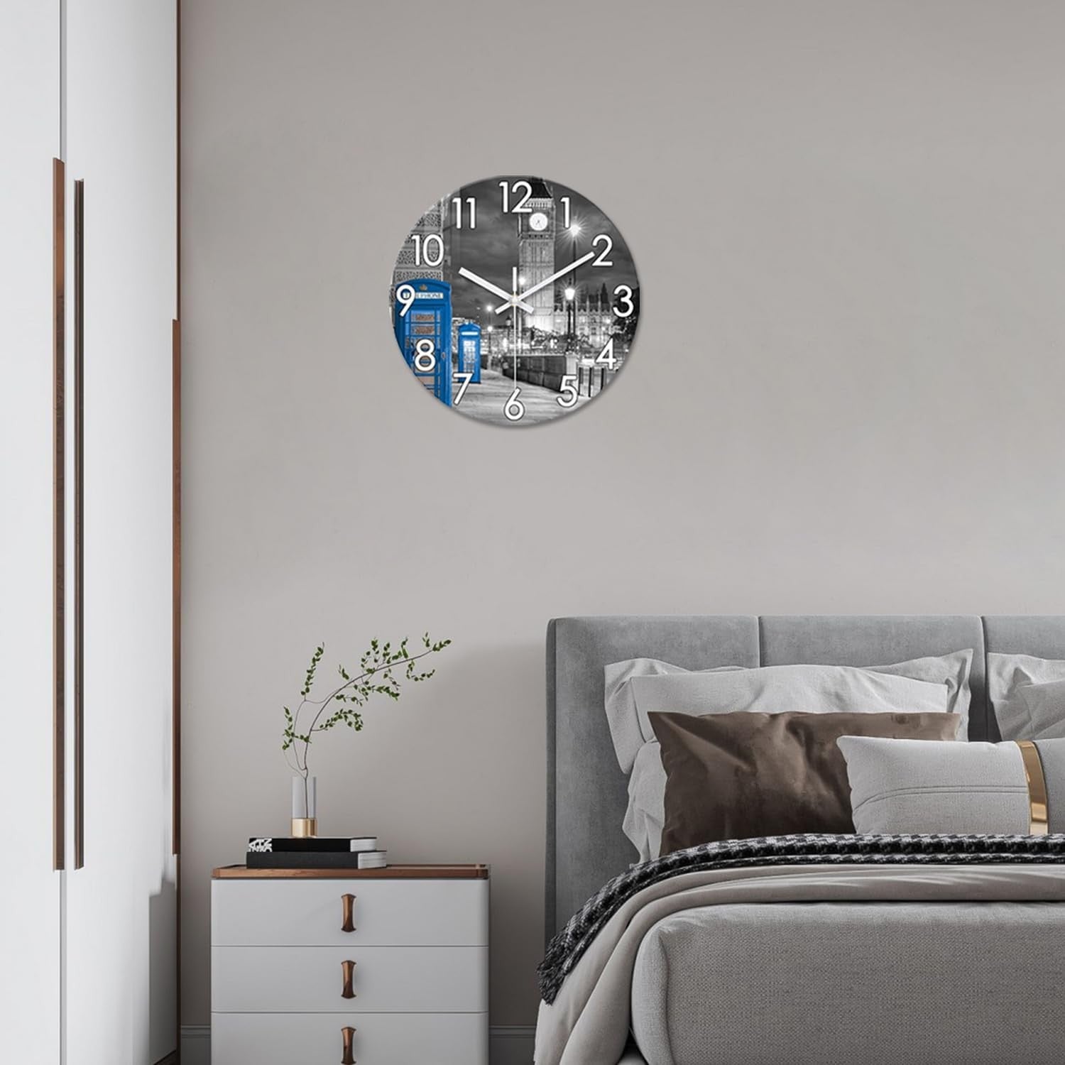 12" London Wall Clock Grey Silent Round Glass Modern Home Decor