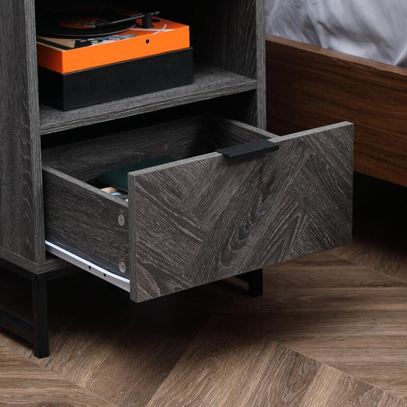 Grey Bedside Table with Drawer & Shelf, Metal Frame, 52cm Tall
